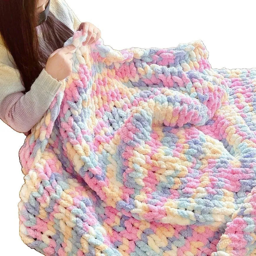 Coarse yarn chenille knitted blanket with braided gravity texture in modern colour pattern