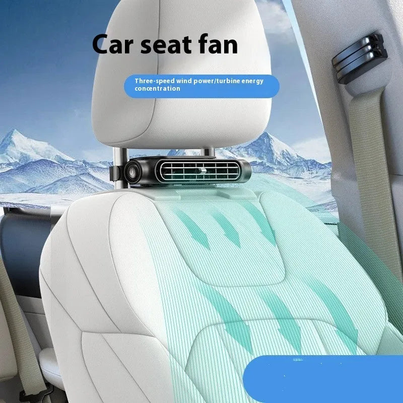 USB-powered black car seat fan with velcro strips, shown on a car seat with a connected data cable.