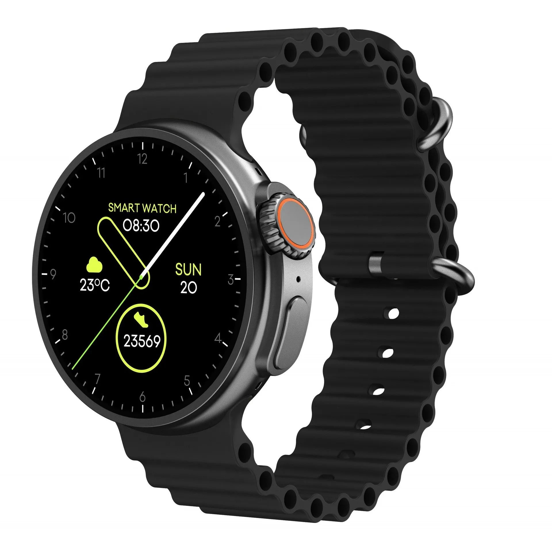 K9 smart watch with 1.39 inch round screen and silicone strap showing interface with health metrics