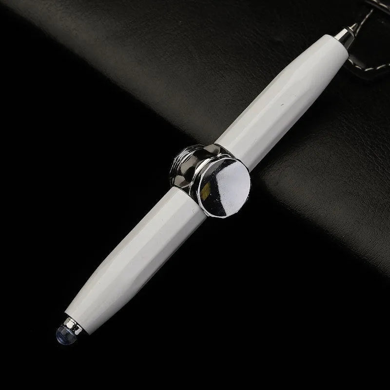 Metal ballpoint pen with integrated LED gyro spinner showing colour-changing lights during spinning