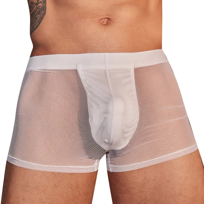 Men's black nylon boxer briefs showing ultra-thin breathable construction and free size elastic waistband
