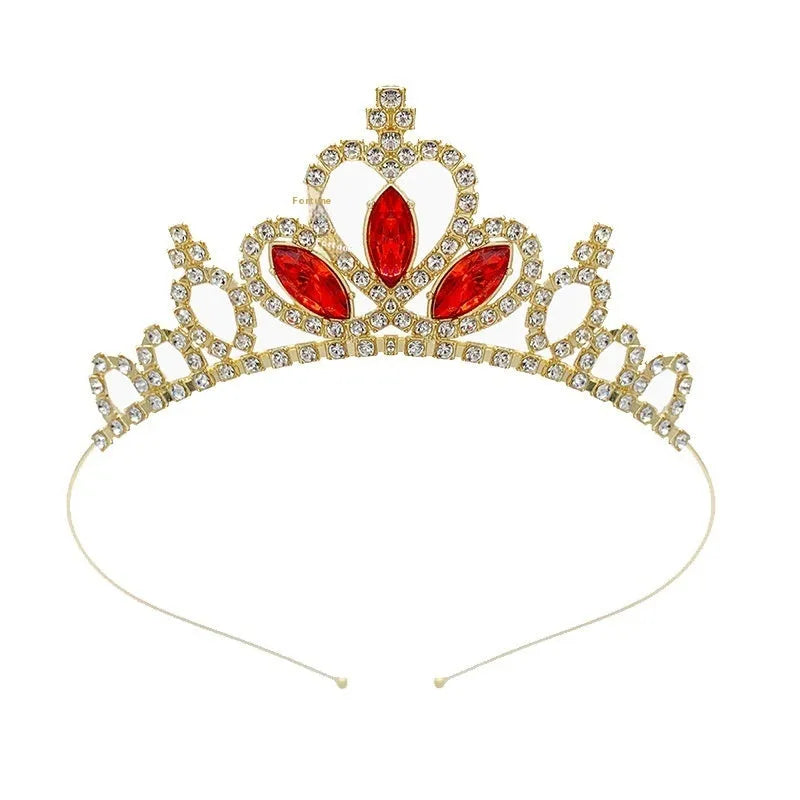 Gold-tone alloy princess crown with colourful simulated diamonds for birthday party dress-up