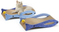 Blue fish-shaped cardboard cat scratcher with bell toys on elastic cord for indoor furniture protection