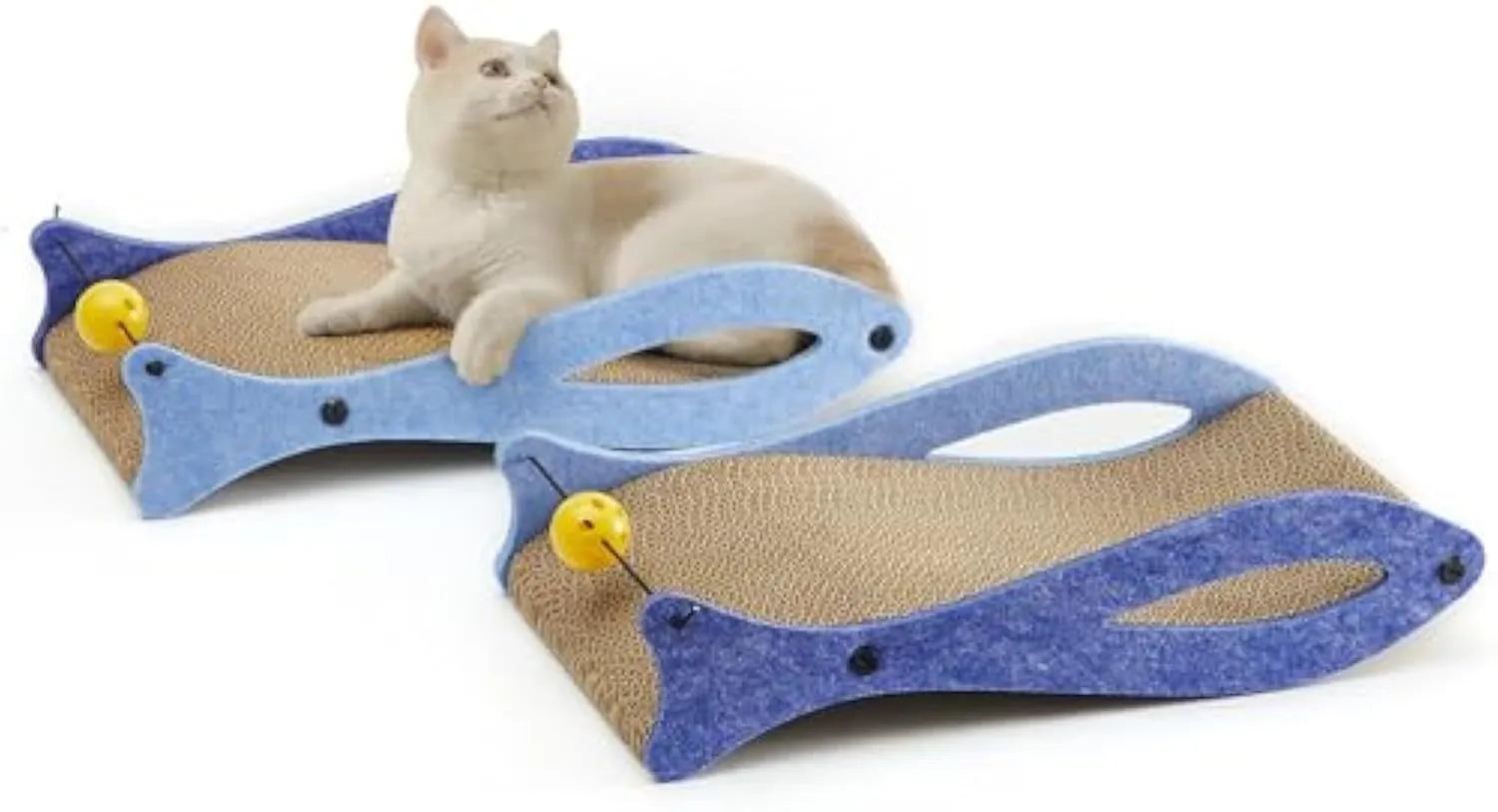 Blue fish-shaped cardboard cat scratcher with bell toys on elastic cord for indoor furniture protection