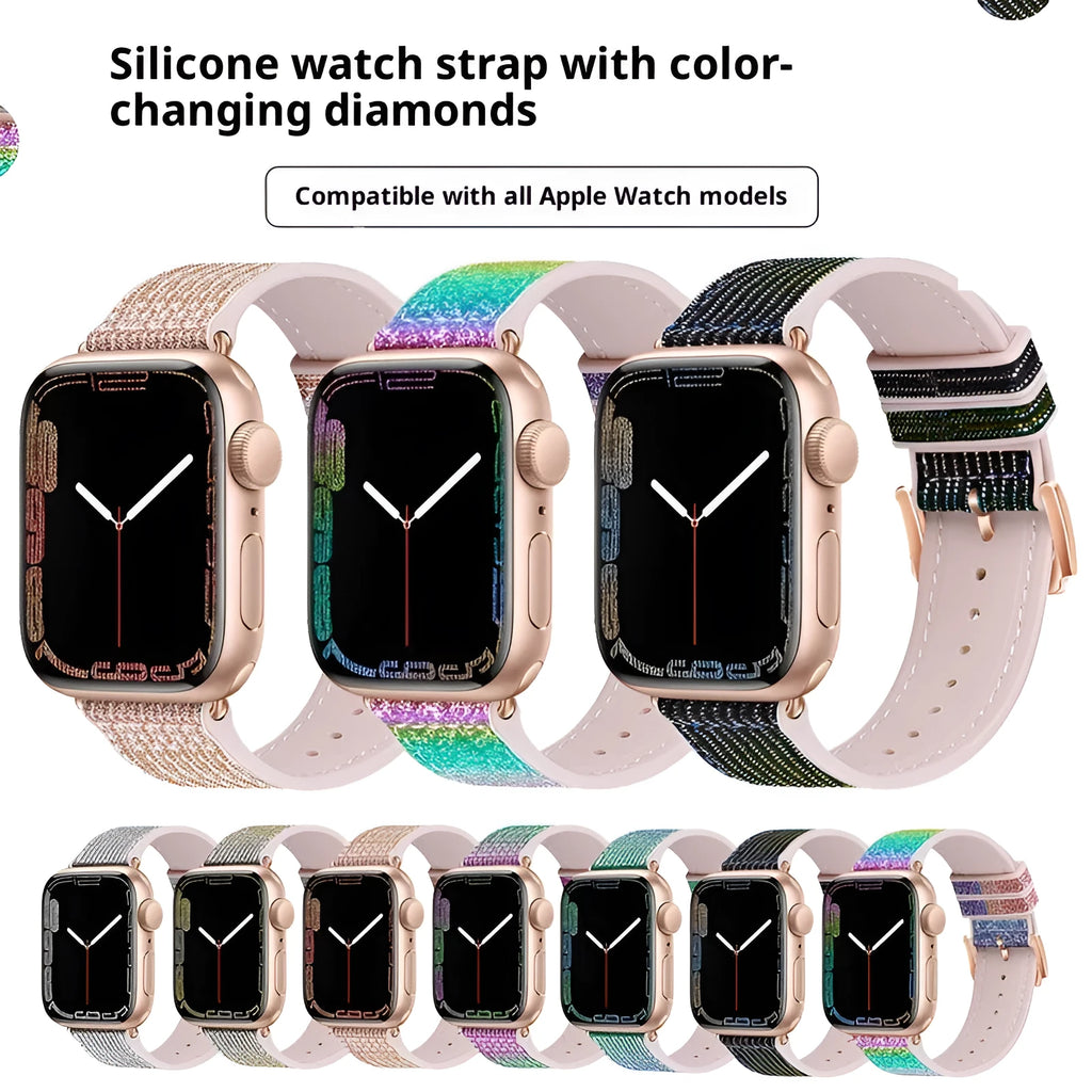 Diamond-encrusted double-sided allochroic silica gel Apple Watch strap in a listed colour and size