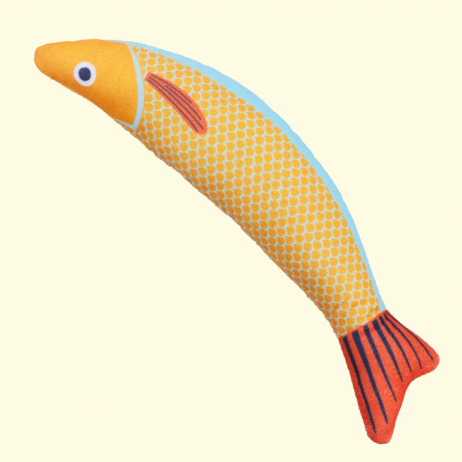 Green plush saury fish cat toy with organic catnip filling and crinkle sounds for indoor play