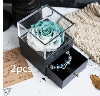 Preserved eternal rose and carnation gift box in glass display case for jewellery storage