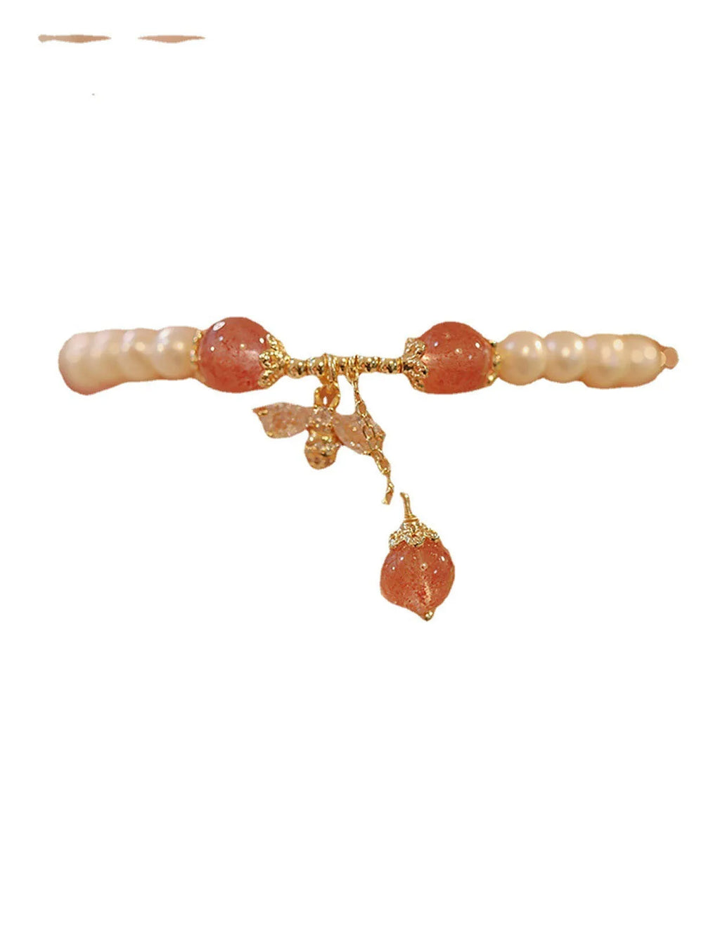 Women's strawberry quartz crystal bracelet with bow accents hand-strung in INS summer style