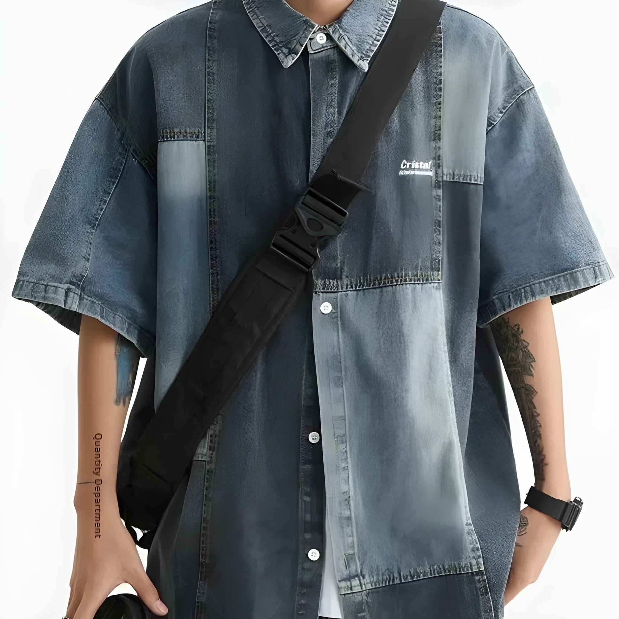 Blue loose-fit men's denim shirt with Japanese retro washed stitching detail.