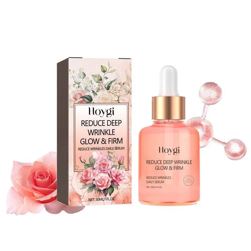 30 ml bottle of rose essential oil for smoothing wrinkles and brightening skin.
