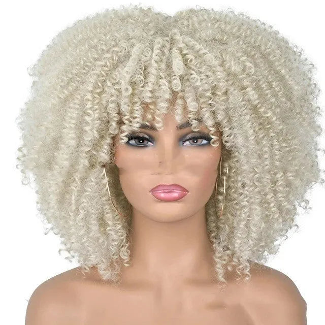 Small curly rose mesh synthetic headgear wig with dyeable high temperature wire fibre and adjustable bangs