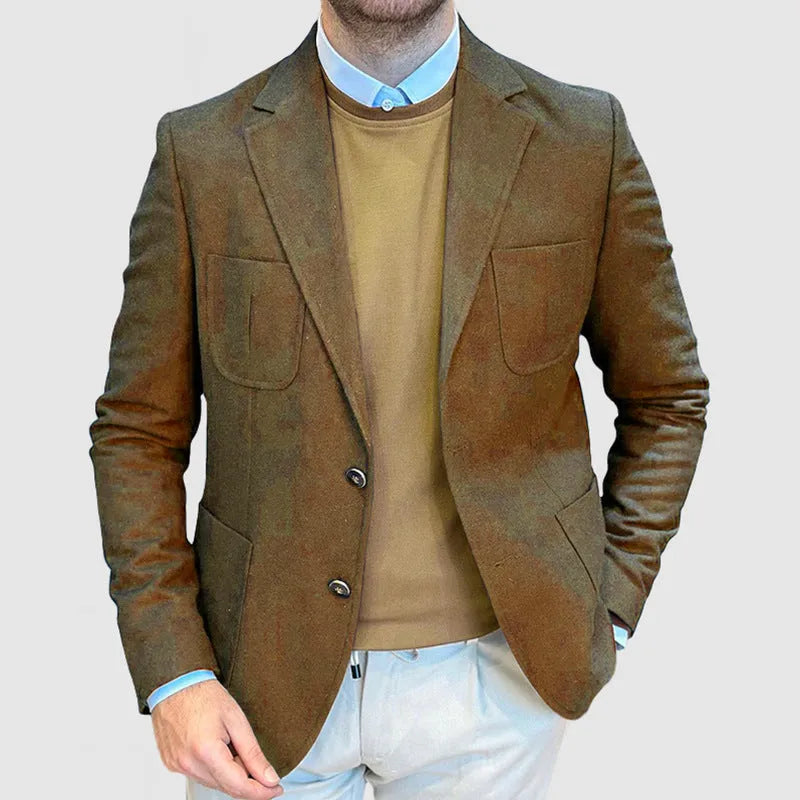 Men's loose fit cotton retro suit jacket in army green colour with tailored casual styling