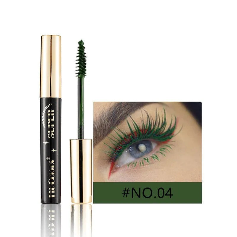 Colourful waterproof mascara tube displaying vibrant shades like wine red, gold, and mermaid green for stage and event makeup.