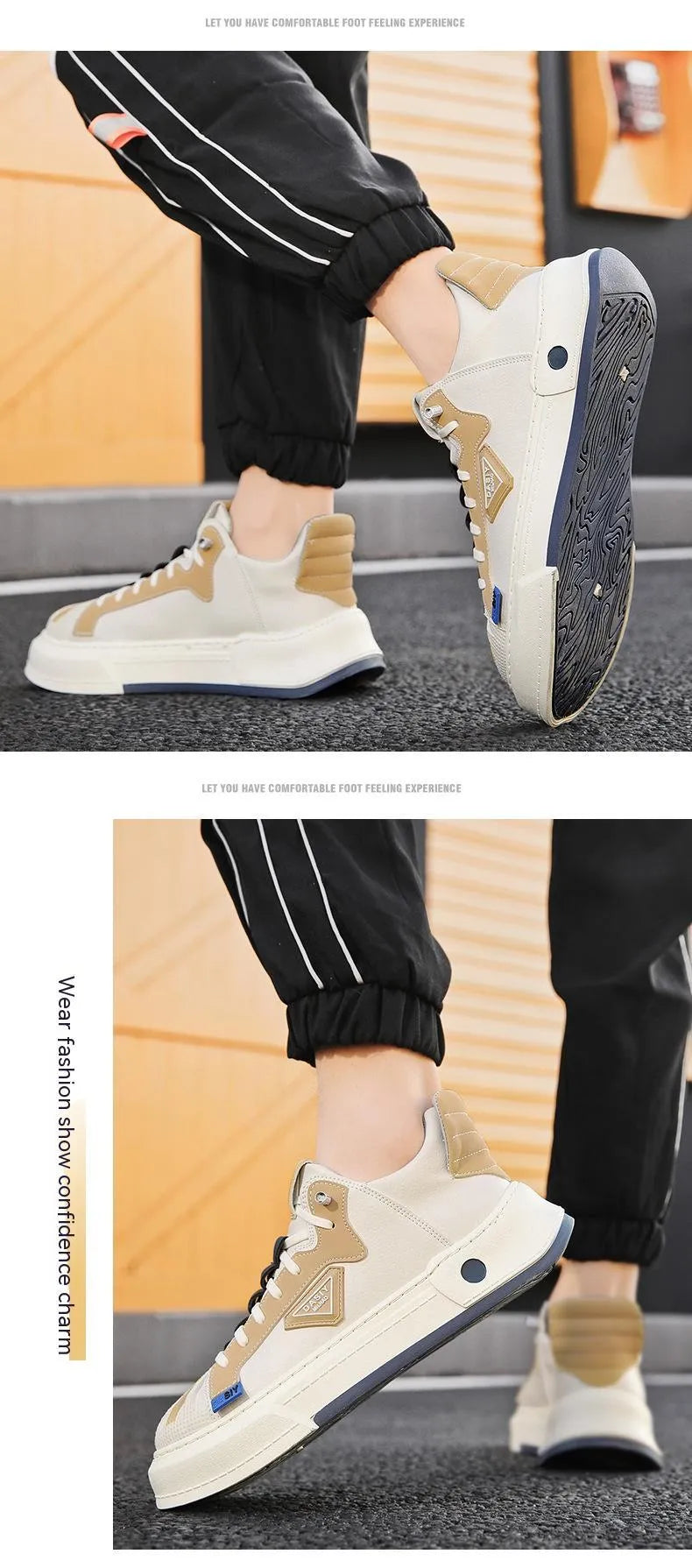 Men's beige and black elastic band casual sneakers with microfiber upper and mesh lining for hiking and leisure activities