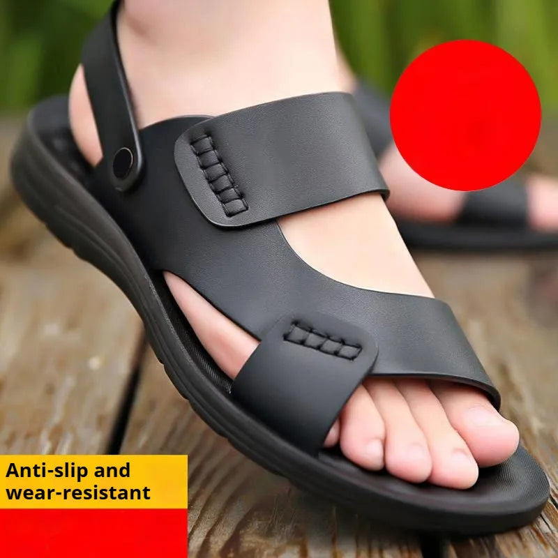 Men's waterproof plastic sandals in black and brown colours, showing casual beach footwear design