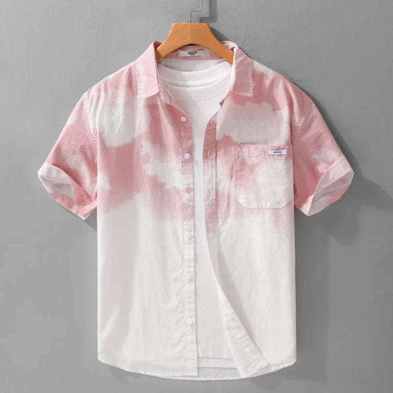Men's light pink loose fit pure cotton short sleeve summer shirt cardigan style