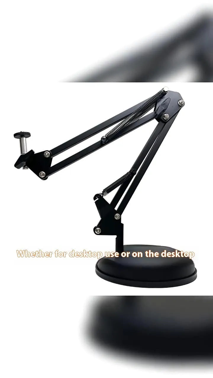 Black foldable metal cantilever bracket holding a tablet on a desktop.