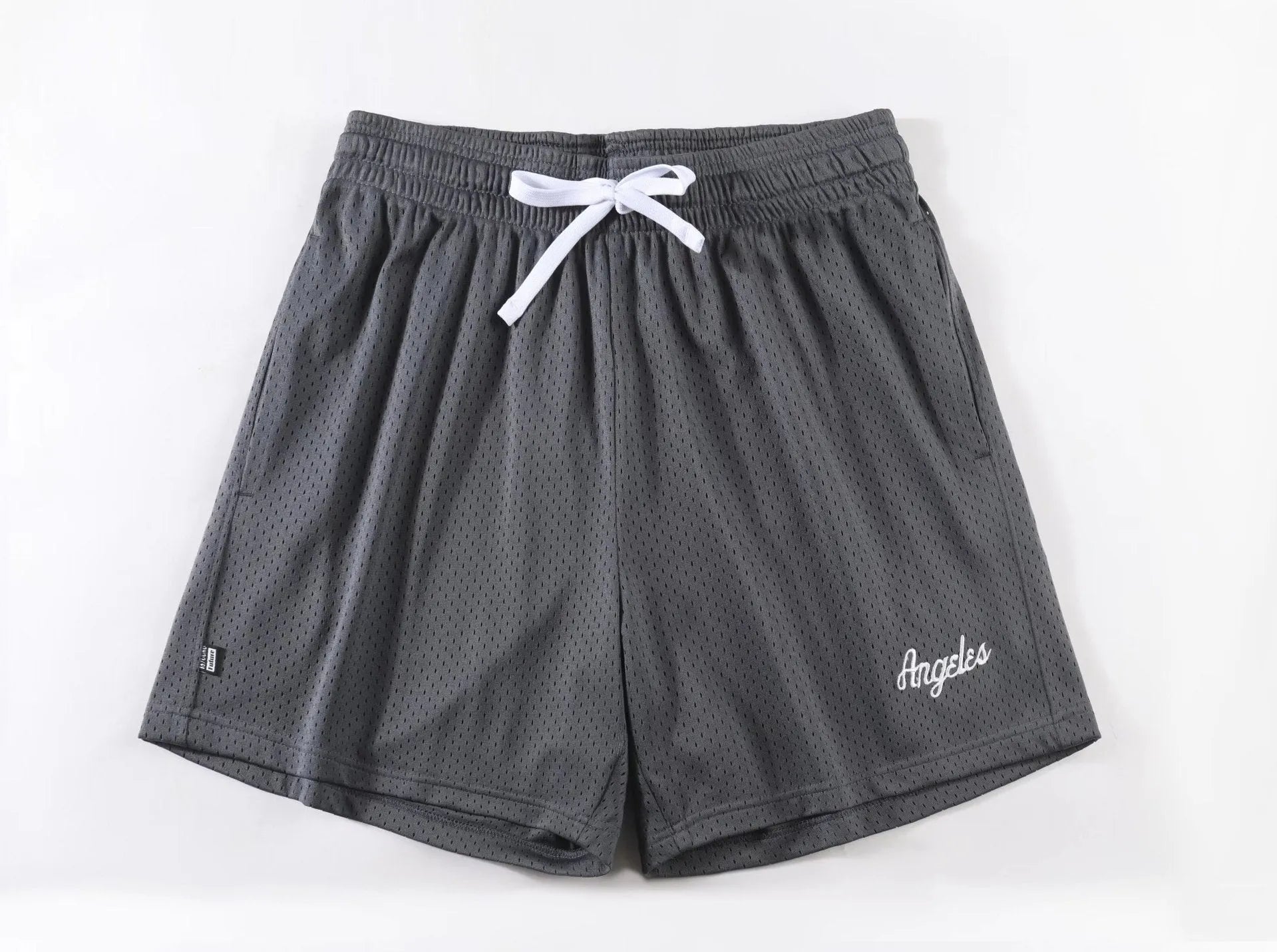 Men's black double-layer mesh sport shorts on a white background