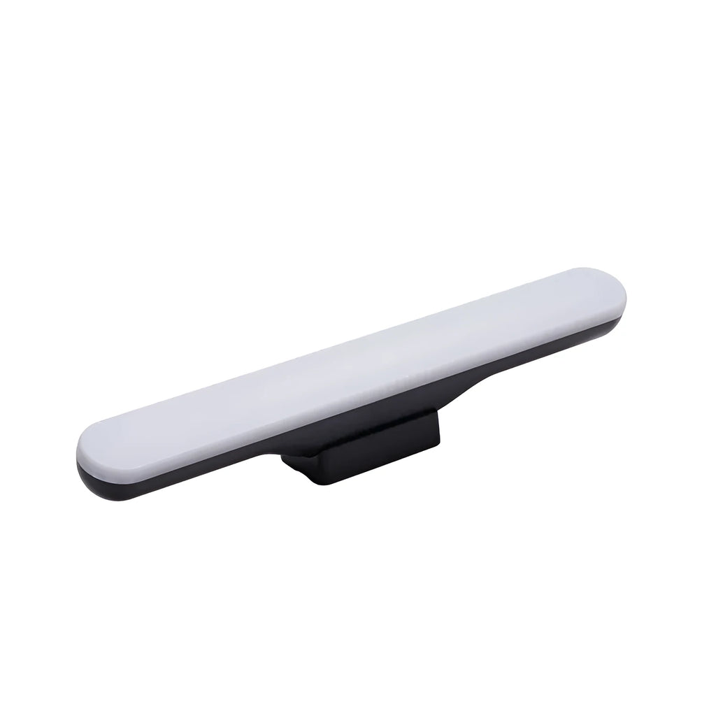 Modern plastic LED desk lamp with touch-sensitive controls on a wooden desk.