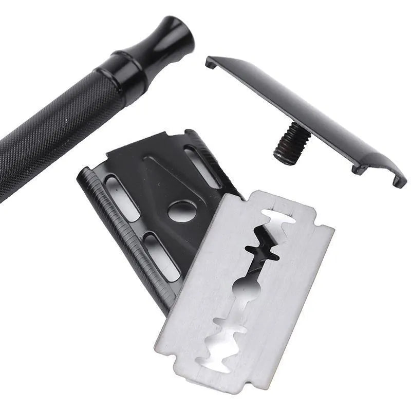 Traditional manual metal shaving scraper and brush set in black or silver finish.