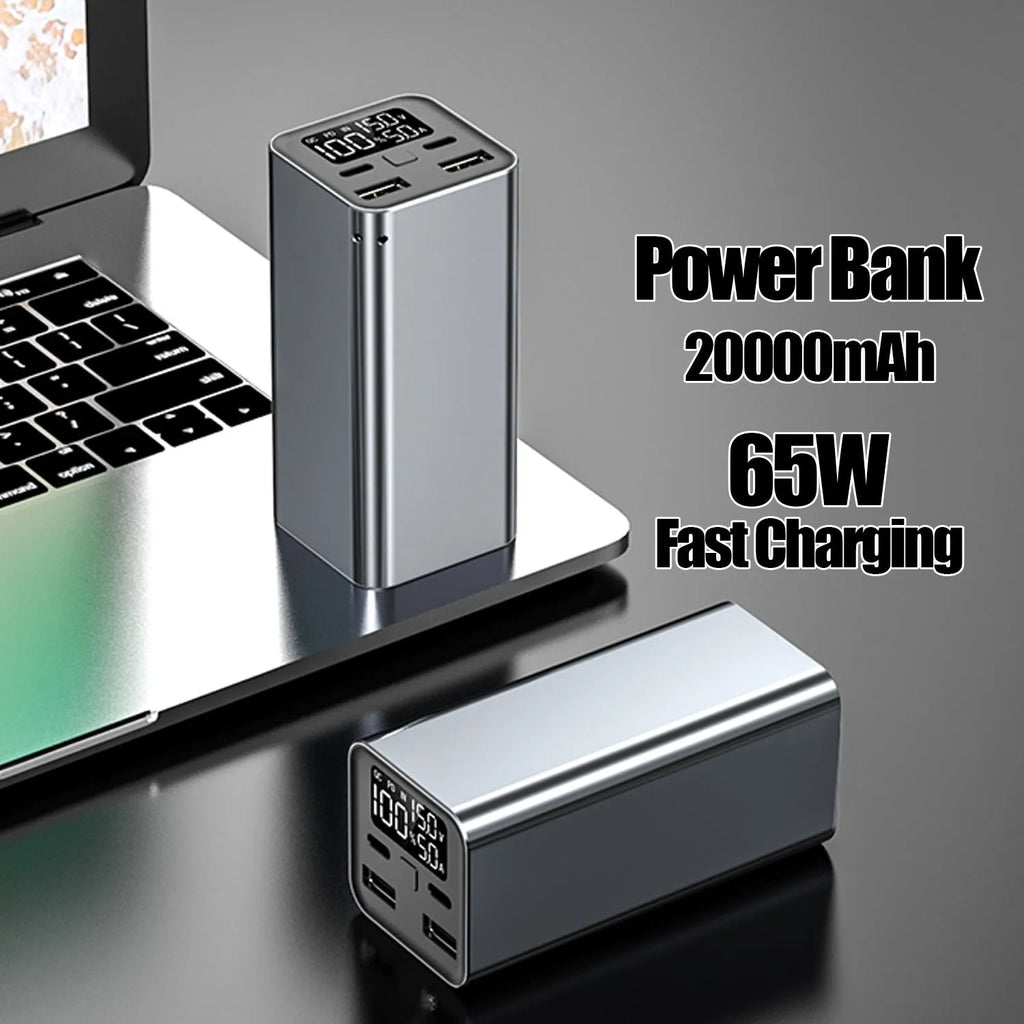 65W laptop charging bank with 20000mAh battery in metal casing showing black, blue and grey colour options