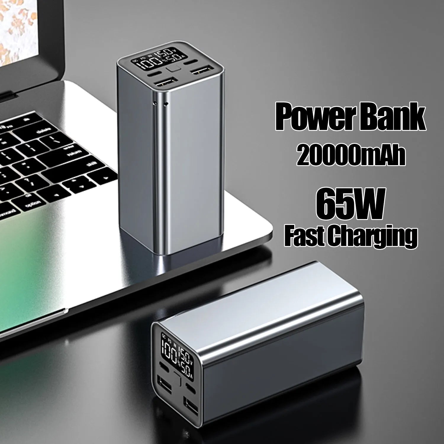 65W laptop charging bank with 20000mAh battery in metal casing showing black, blue and grey colour options