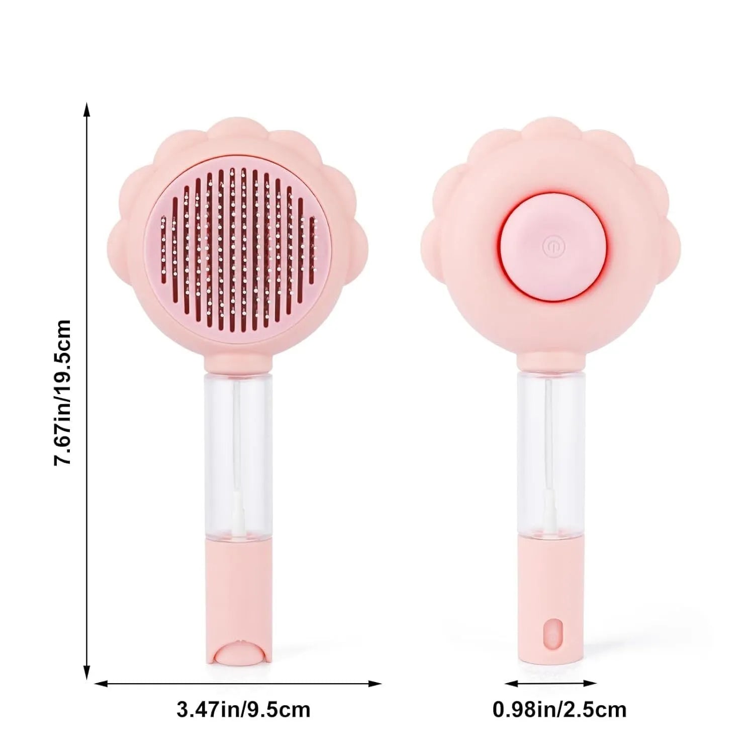 Grey spray cat grooming brush with a release button and stainless steel bristles on a wooden table.