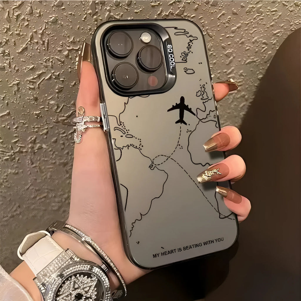 Silver PC hard phone case with flight map design in black, white, purple, or green for iPhone 11 to 16 Pro Max.