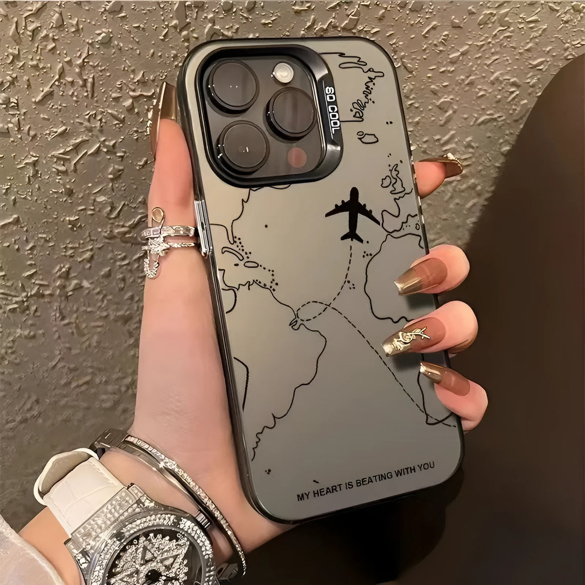 Silver PC hard phone case with flight map design in black, white, purple, or green for iPhone 11 to 16 Pro Max.