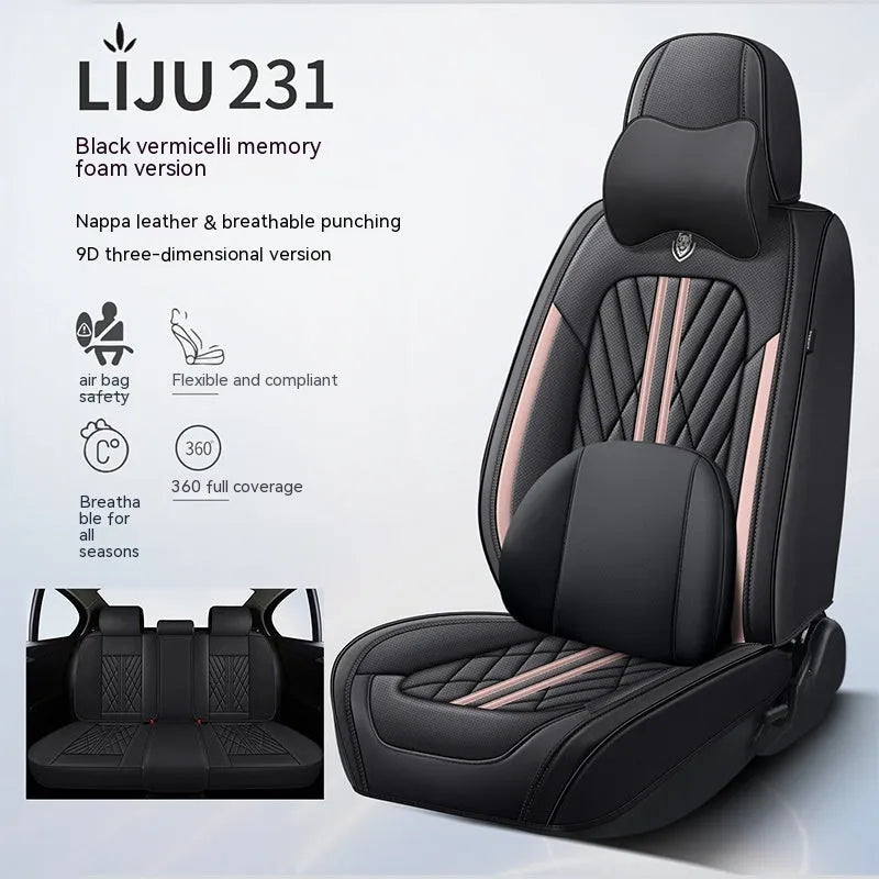 Five-seat car cushion set in faux leather with synthetic fibre filling, showing hemmed edge detail