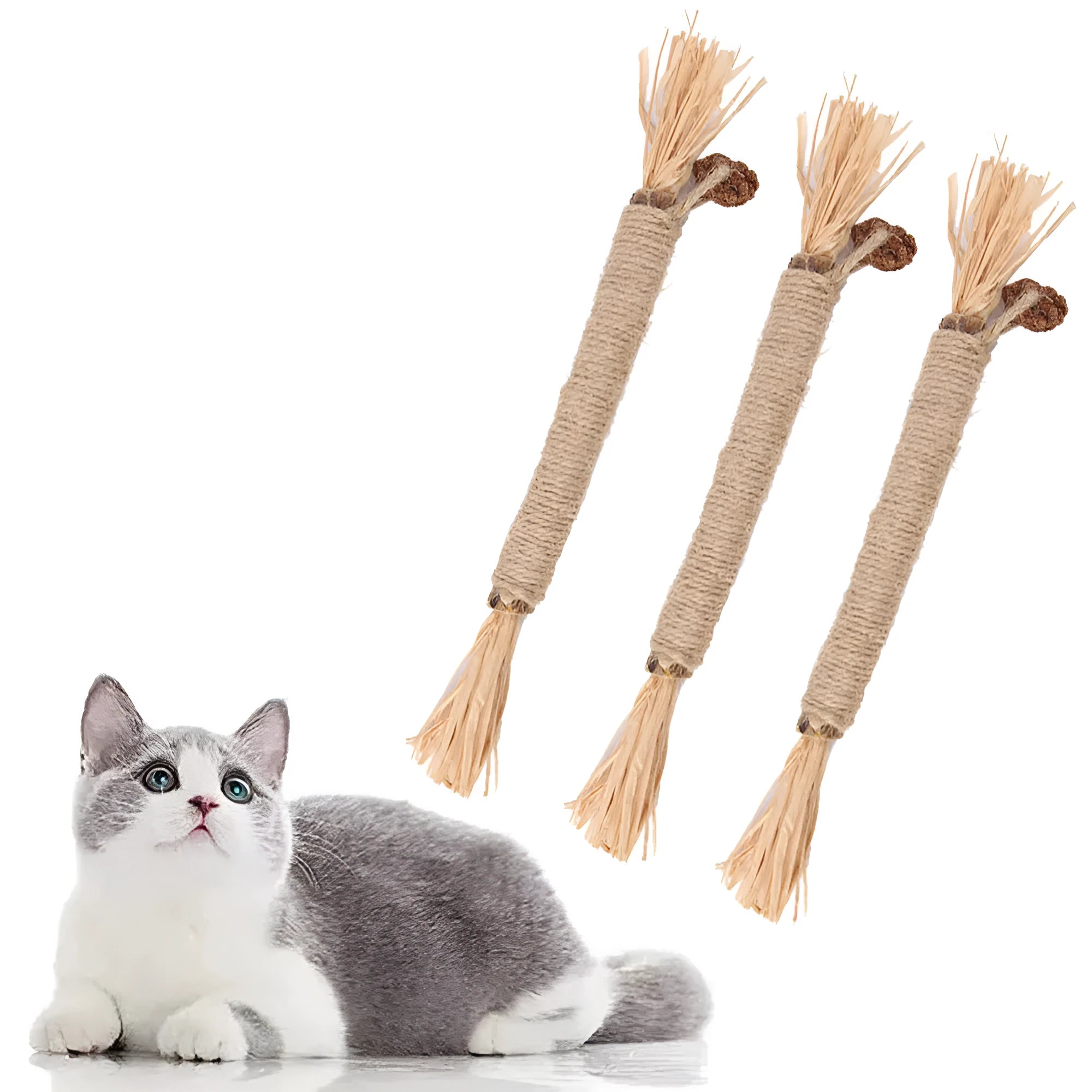 Pack of natural silvervine chew sticks for cats on a wooden surface, showing fine and thick diameter options.