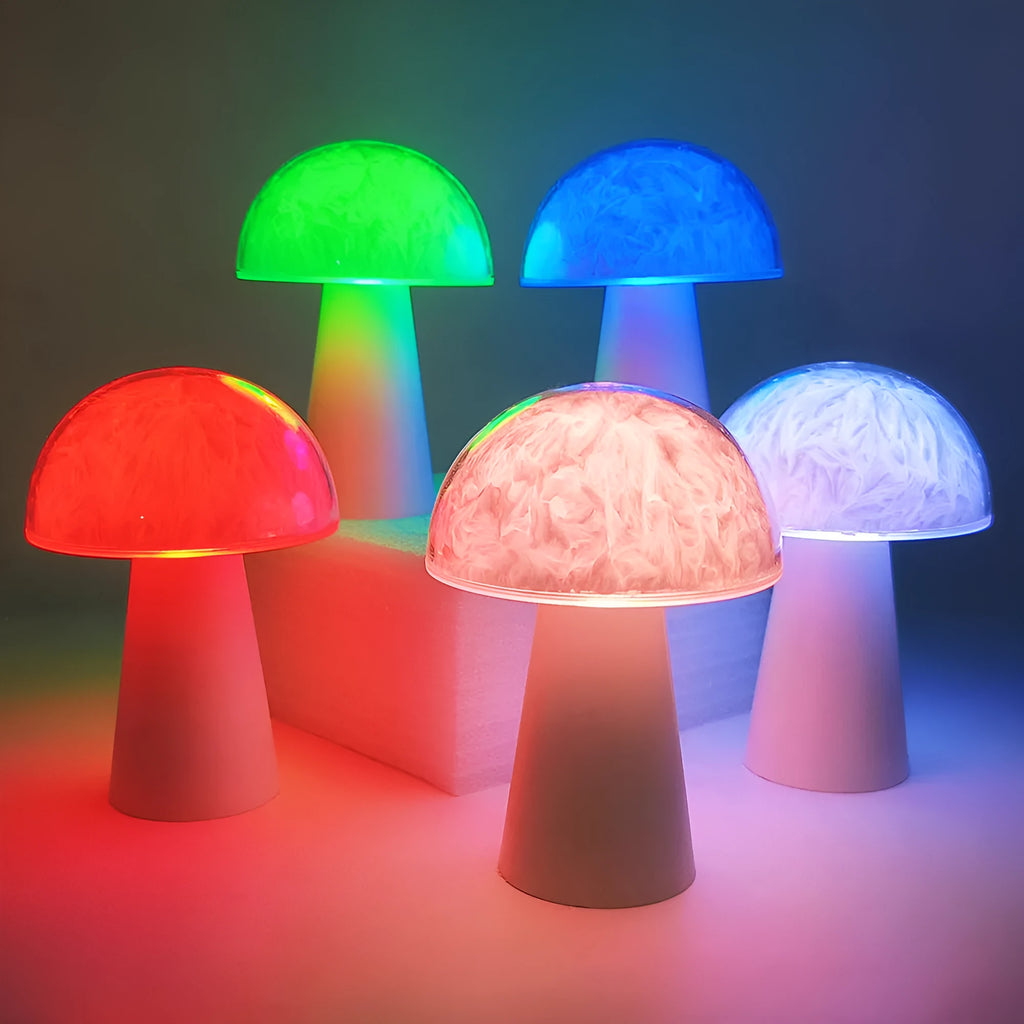 Mushroom-shaped RGB colour-changing night light with remote control on wooden surface