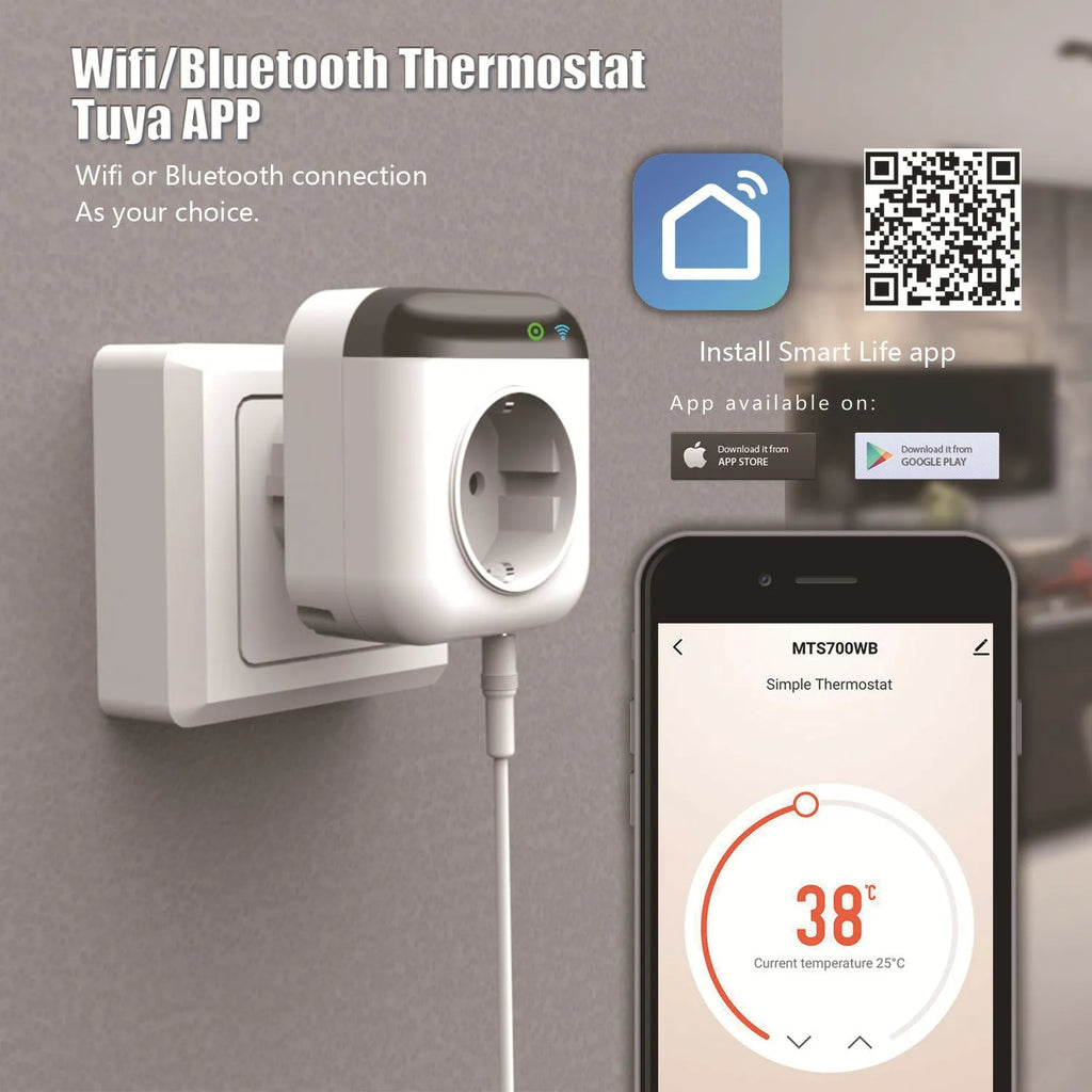 White Tuya Wi-Fi smart temperature control switch socket with US plug and temperature sensor probe