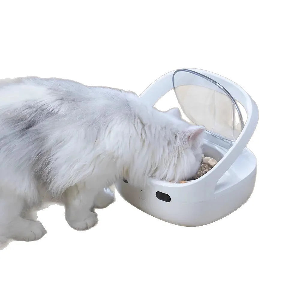 White NutriCare smart cat feeder with anti-stealing collar, food bowl, ice box, and charging cable set