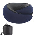 A grey U-shaped memory foam travel neck pillow with a storage bag, shown on a plain background.