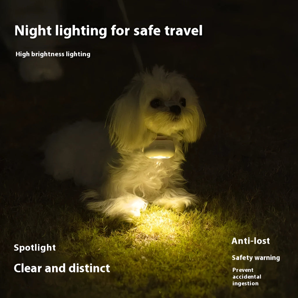 Pet luminous hanging lamp ring collar attachment for dogs in four colour options on a dark background.
