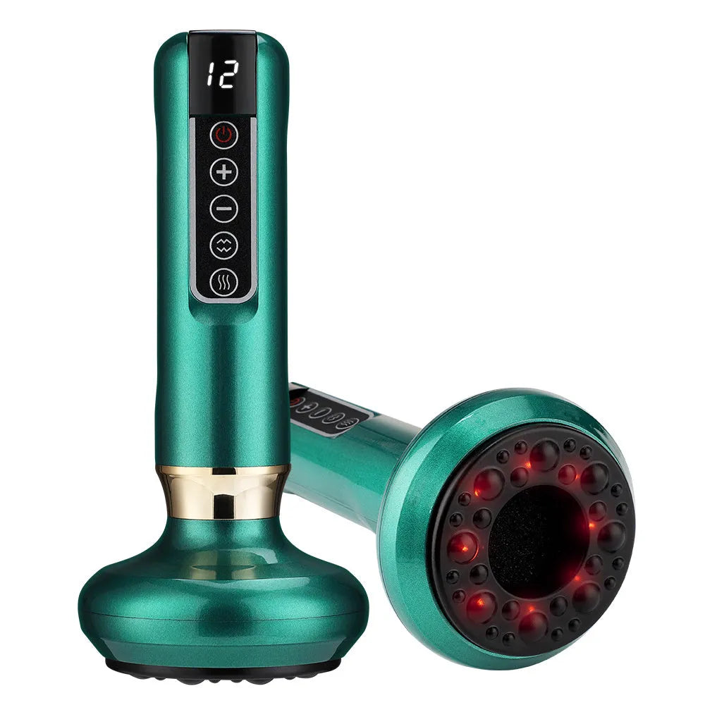 Green electric vacuum cupping and gua sha massager device with USB cable.
