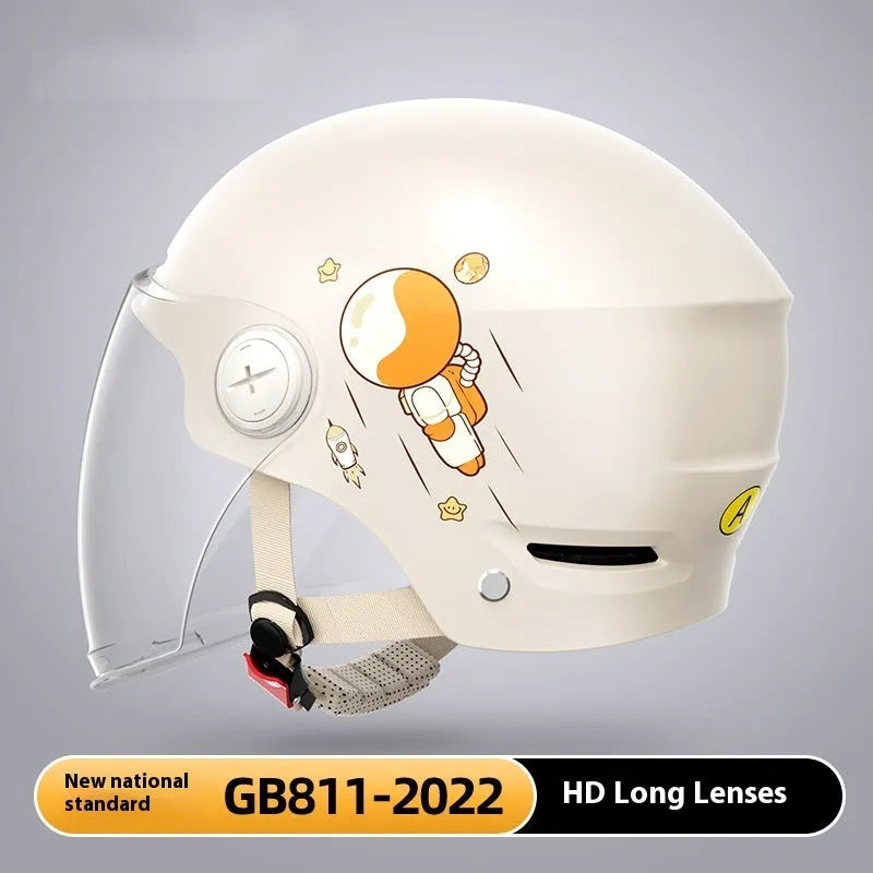 Khaki coloured electric motorcycle half helmet with interchangeable lens system shown from side view