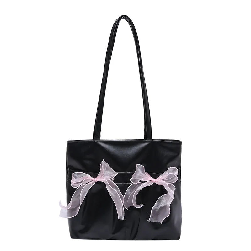 College style bow tote bag in PU leather with double shoulder straps and internal zipper organiser