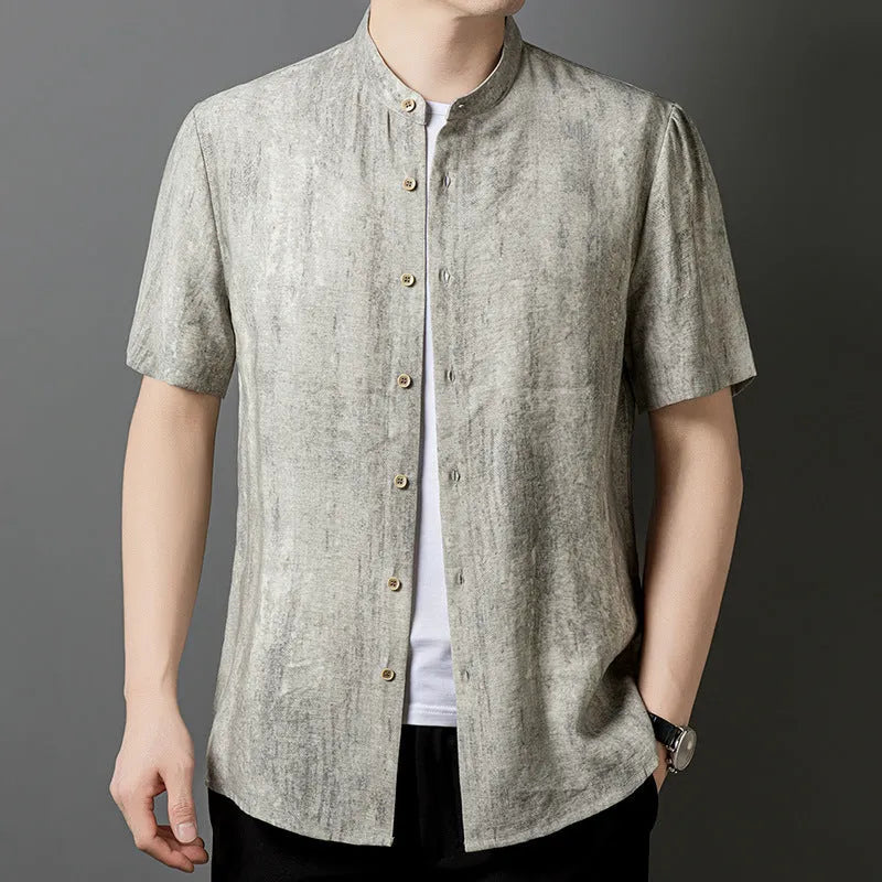 Men's loose fit cardigan shirt with stand collar in solid grey colour