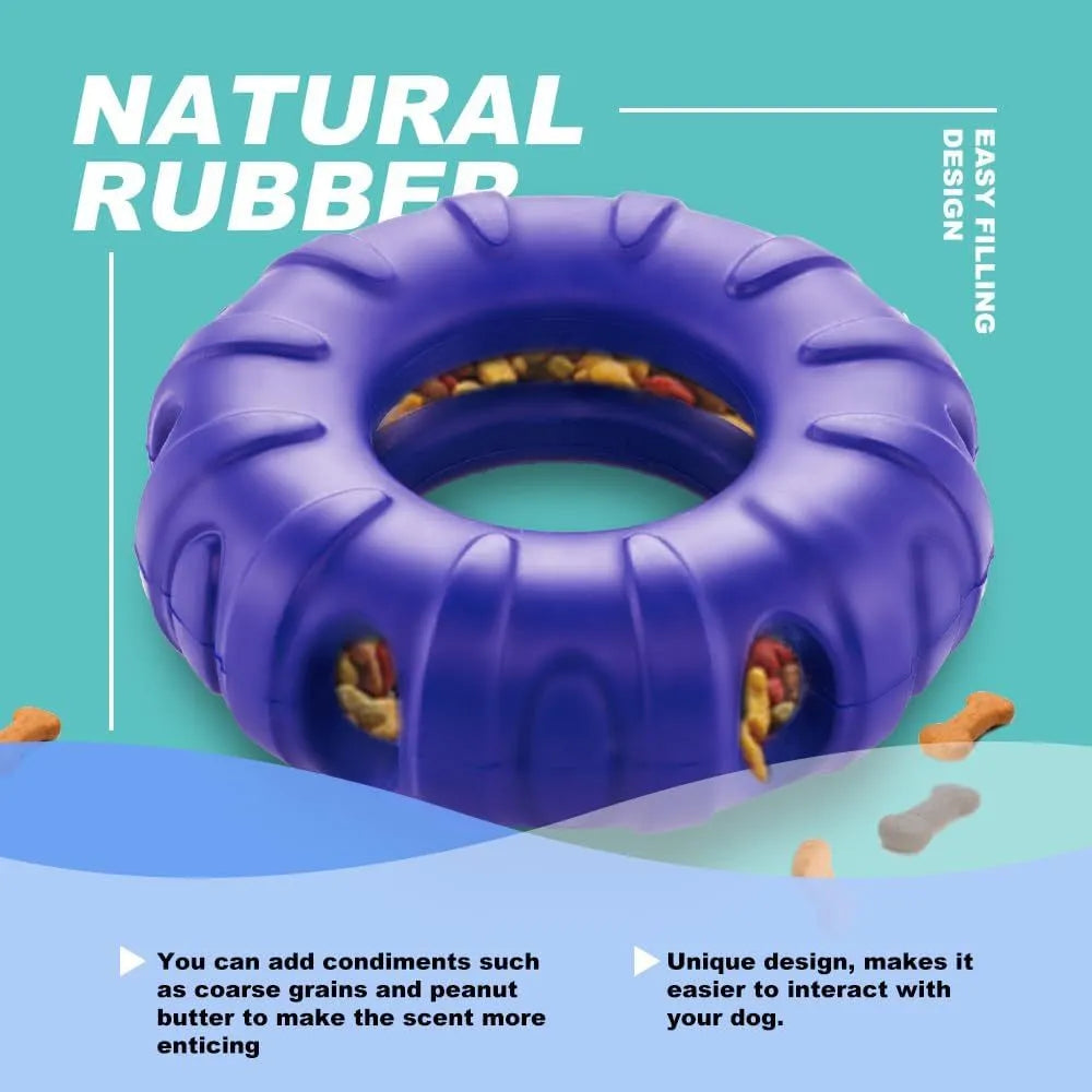 Blue rubber tyre-shaped dog chew toy with six oval openings for treat dispensing