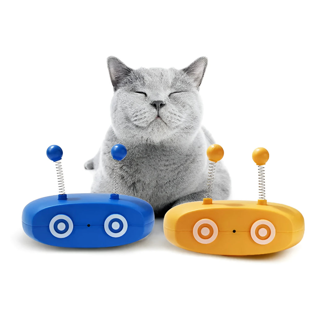 Electric robot laser cat toy with USB charging and feather teasing cat stick in blue, grey or yellow
