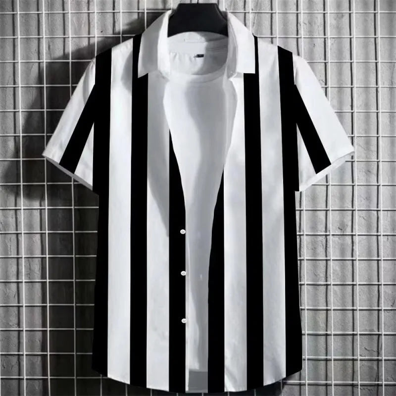Man wearing a linen t-shirt with a striped and 3D printed graphic design.