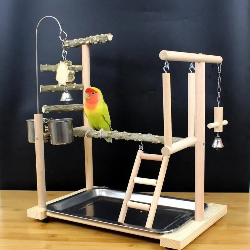 Pepper wood parrot toys bird stand with tiger skin peony design and sub-stand pole.