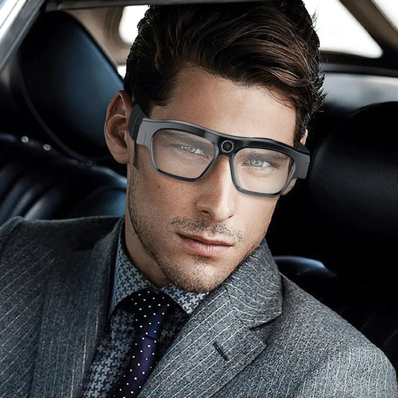 Black head-mounted smart Bluetooth glasses with transparent lens and touch control buttons