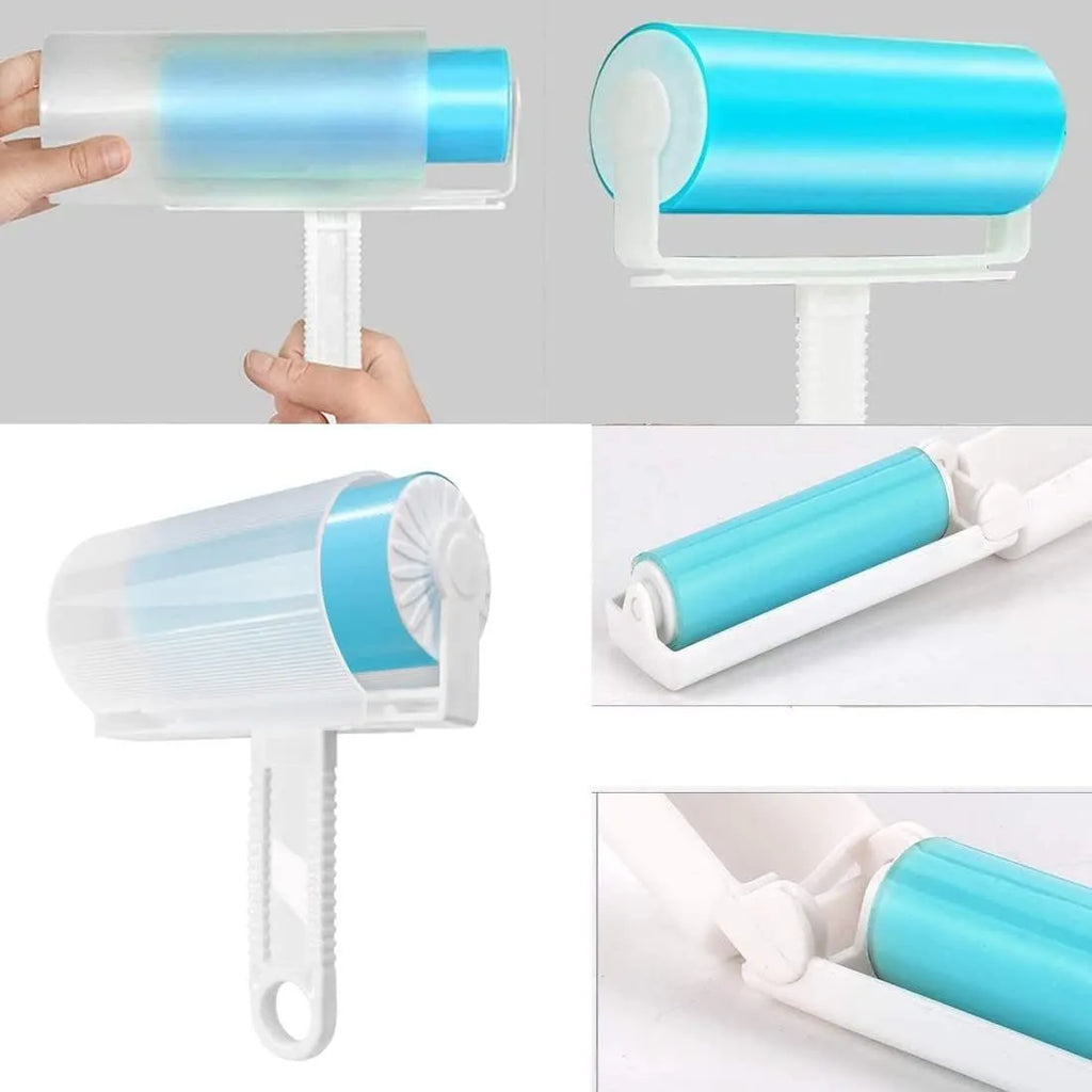 Blue washable reusable lint roller with protective cover for pet hair removal