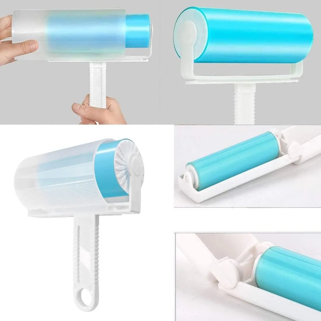 Blue washable reusable lint roller with protective cover for pet hair removal