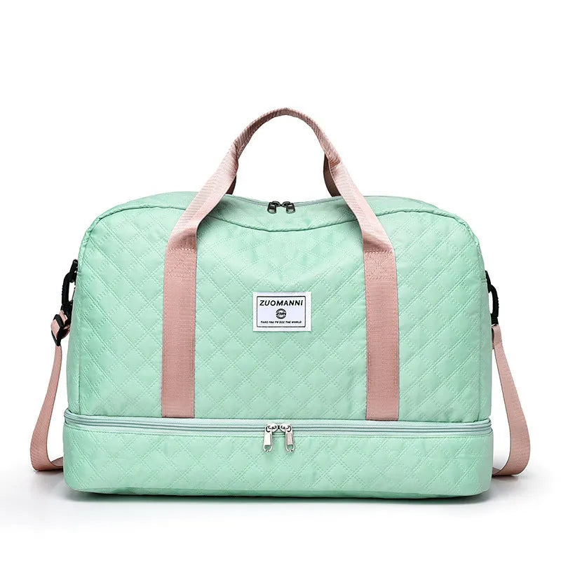 Large oxford cloth leisure travel bag in milky white colour showing storage capacity and carry handles