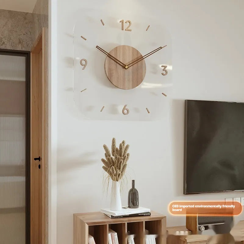 Transparent wooden wall clock with square 35cm dial in modern framed and frameless designs