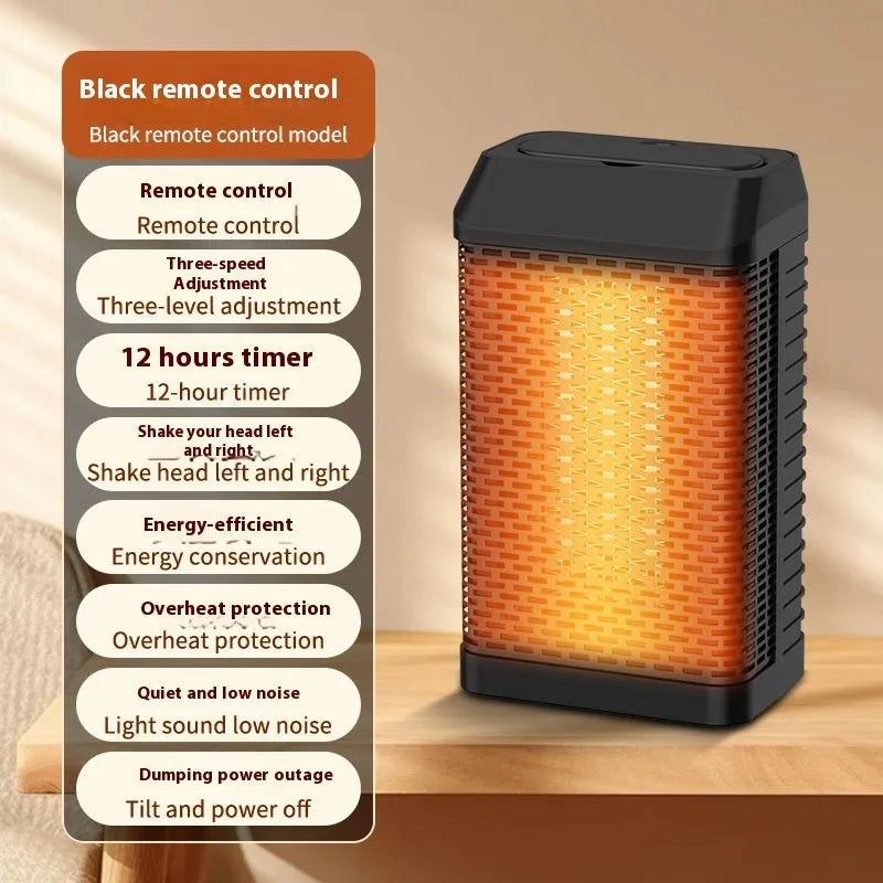 Black remote control desktop space heater with digital display on a wooden desk.
